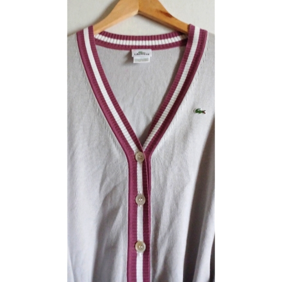 Lacoste Women's Stipe Detail Belted Button-Front Cardigan - Grey/Pink - Picture 13 of 16